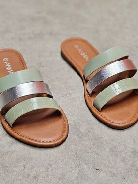 Womens Triple Strap Slide Sandals With Metallic & Green Color